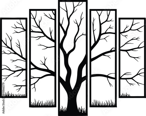 Black silhouette of a bare tree with branches in five rectangular panels white