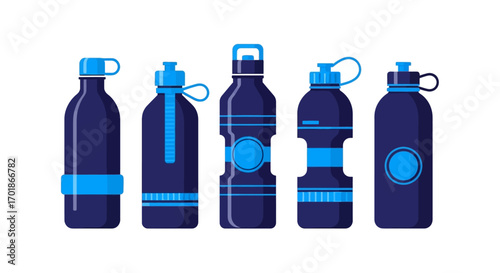 Collection of Reusable Dark Blue Water Bottles with Contrasting Blue Lids and Accents for Hydration and Sports Activities