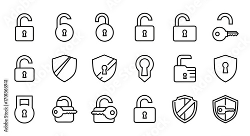 Collection of Lock and Key Icons Representing Security and Access in a Clean Outline Style