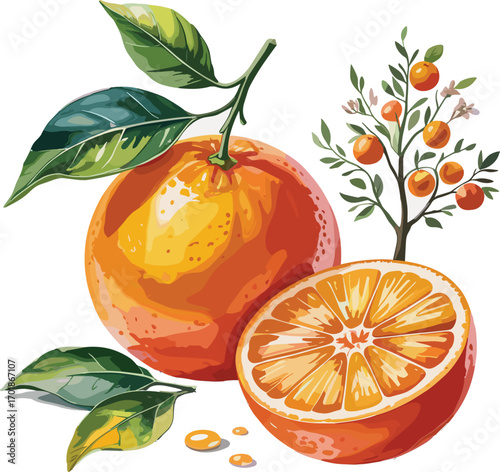 Whole and sliced oranges with leaves and small tree fruit citrus