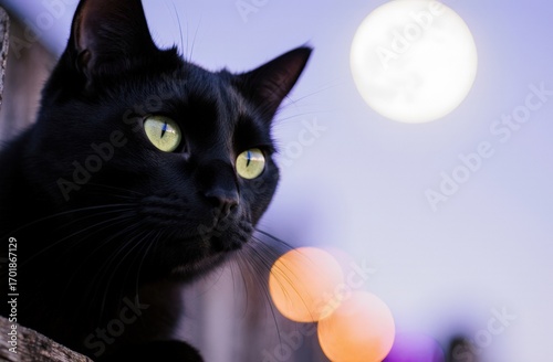 Black cat with green eyes gazing at full moon in twilight setting