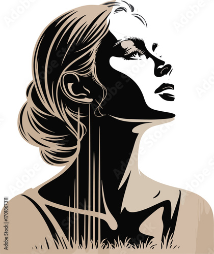 Stylized illustration of a woman with dark hair looking up female portrait
