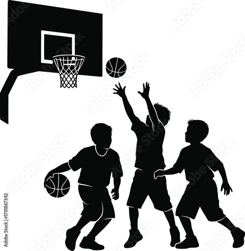 Silhouette of children playing basketball a court active lifestyle and childhood recreation concept art