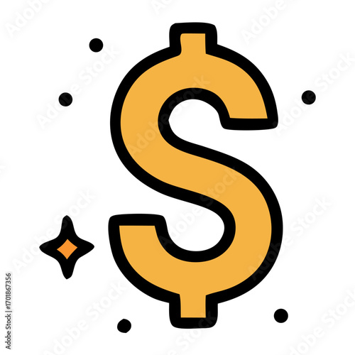 Radiant golden dollar sign surrounded by sparkles and black dots. Ideal for finance, wealth, business concepts in designs.