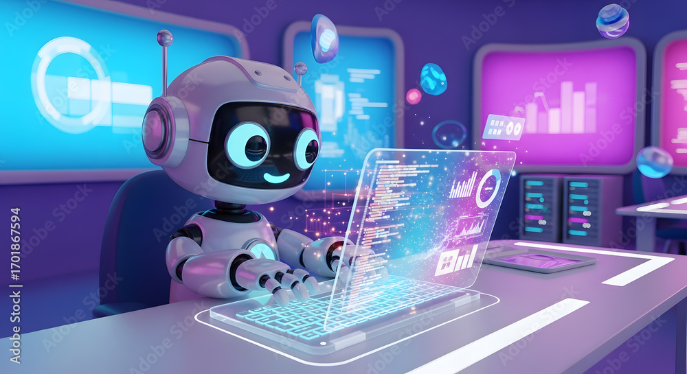 custom made wallpaper toronto digitalAI Coder: A Cute Robot Coding on a Transparent Laptop