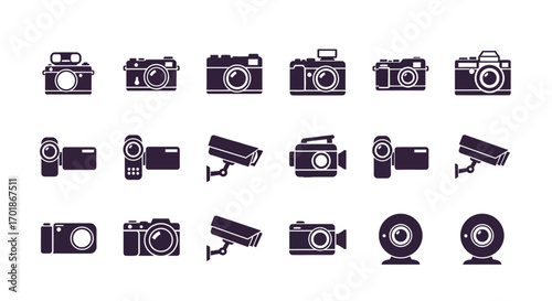 Collection of Diverse Camera Icons Representing Various Photography and Videography Devices