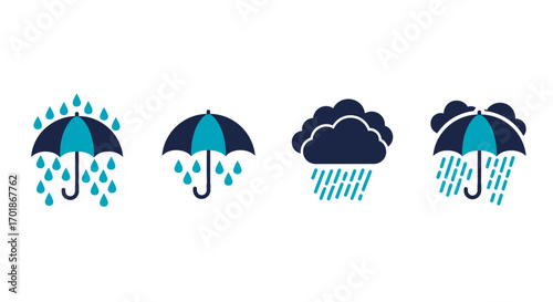 A Collection of Weather Icons Showing Umbrellas and Rain Drops Underneath Clouds Representing Rainy Day Conditions
