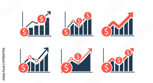 Illustrating Financial Growth and Investment Trends Through Bar Charts and Line Graphs with Dollar Symbols Showcasing Increasing Profitability