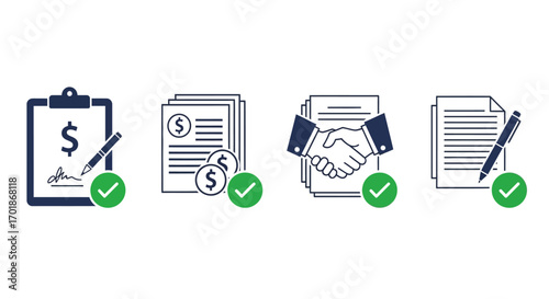 Agreement and Financial Transaction Icons Representing Secure Contracts and Approved Deals With Tick Marks