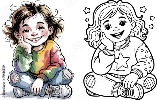 Happy girl with curly hair in colorful sweater and ripped jeans child smiling