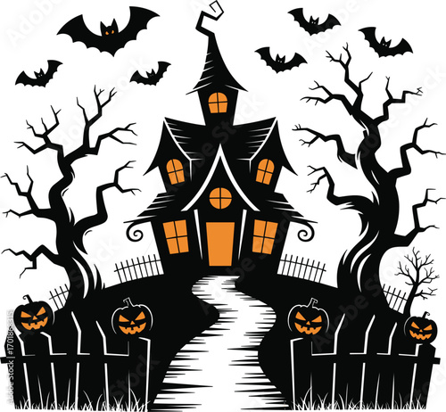 Spooky haunted house with bats and jack o lanterns on white background halloween