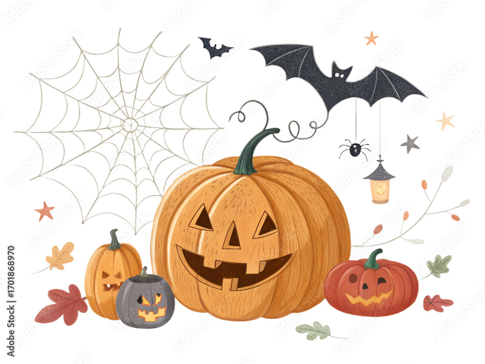 Fototapeta premium Colorful Halloween decorations featuring carved pumpkins, bats, and spider webs in a festive autumn setting lantern, leaves, seasonal, celebration, spooky, orange, black, cute, holiday, art, graphic,
