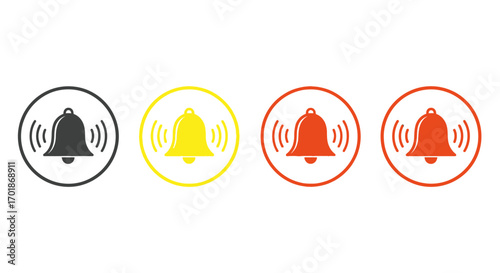 Collection of four bell icons in different colors representing notifications alerts and communication signals