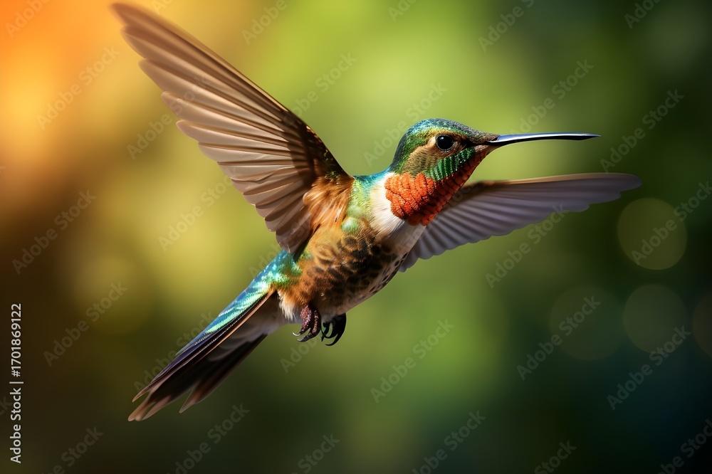 Fototapeta premium Captivating Close-Up of Hummingbird in Flight, Vibrant Wildlife Photography, Exotic Bird in Motion, Nature and Ornithology, High Resolution 8K Macro Image
