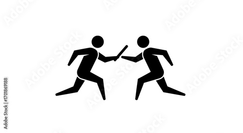 Two stick figures in black silhouette passing a baton during a relay race signifying teamwork and transition
