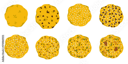  Set of various cookies, chocolate chip covered biscuits, chocolate sprinkles and whole grain oatmeal covered cookies, various cereals, flat cartoon vector illustration.
แปลบทสนทนา