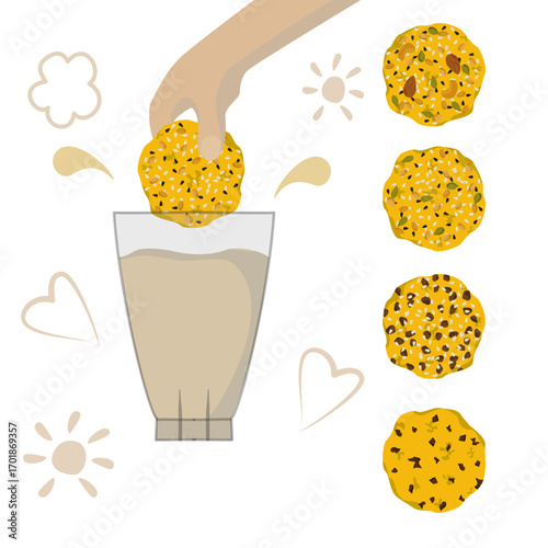 
 

Delicious breakfast oatmeal and cereal cookies with milk vector illustration