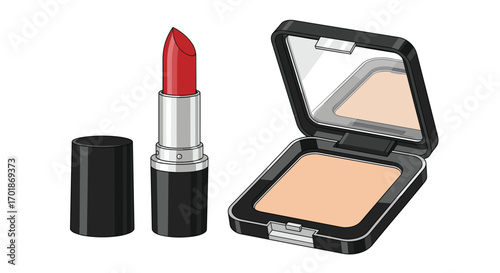 Glamorous red lipstick with compact powder for flawless beauty routine perfect for makeup tutorials or cosmetic brand promotions, Generative AI.