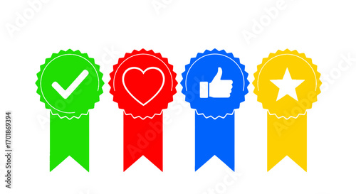 Four different colored ribbons with icons for feedback and ratings like a checkmark heart thumbs up and star for positive reviews and approval