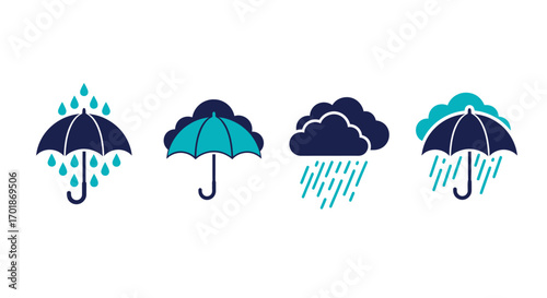 Collection of Stylized Icons Depicting Weather Phenomena Including Rain Clouds and Umbrellas Offering Protection from Precipitation
