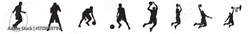 Silhouettes showcasing basketball players in various actions on a white background in a vector image