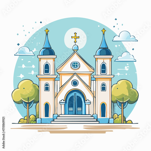 Beige And Blue Church Building With Green Trees Under Pale Blue Sky
