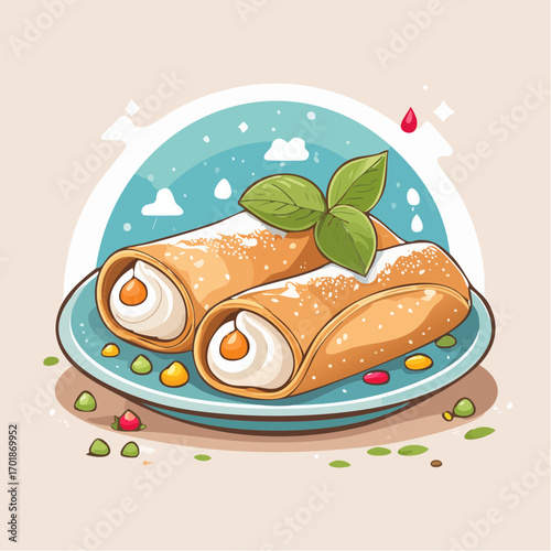 Two Golden Cannoli Dessert with Cream Filling on Blue Plate