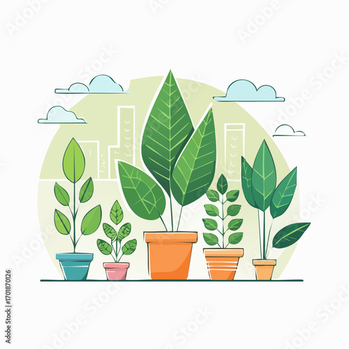 Potted Plants With City Background Illustration