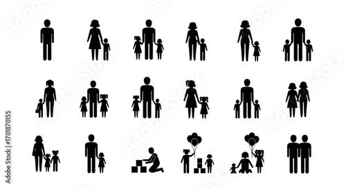 Illustrations of Diverse Family Units and Children Playing Together in Various Combinations