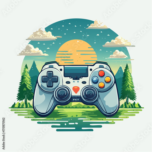 Pixel Art Video Game Controller In Nature At Sunset