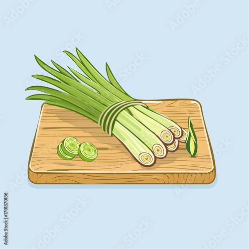 Fresh Green Lemongrass Stalks on Wooden Cutting Board