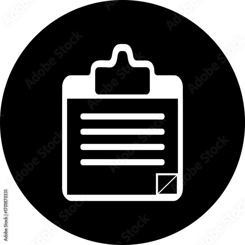 Illustration of a white/transparent clipboard with paper and a check mark in a black circle shape background