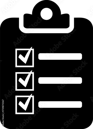 Black clipboard with three check marks and three lines representing a to do list itemized tasks 100 chars