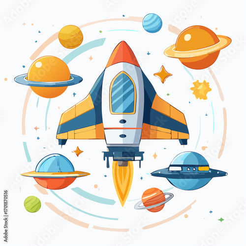Pixel Art Rocket In Space With Planets And Ufos