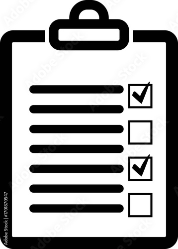 Black clipboard with lines and check marks for completed tasks on a white/transparent background