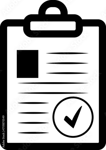 Black clipboard with document lines and a check mark in a circle on the lower right side