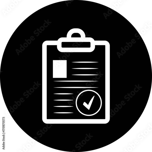 Black circle showing a clipboard with a checkmark and lines indicating text document data entry