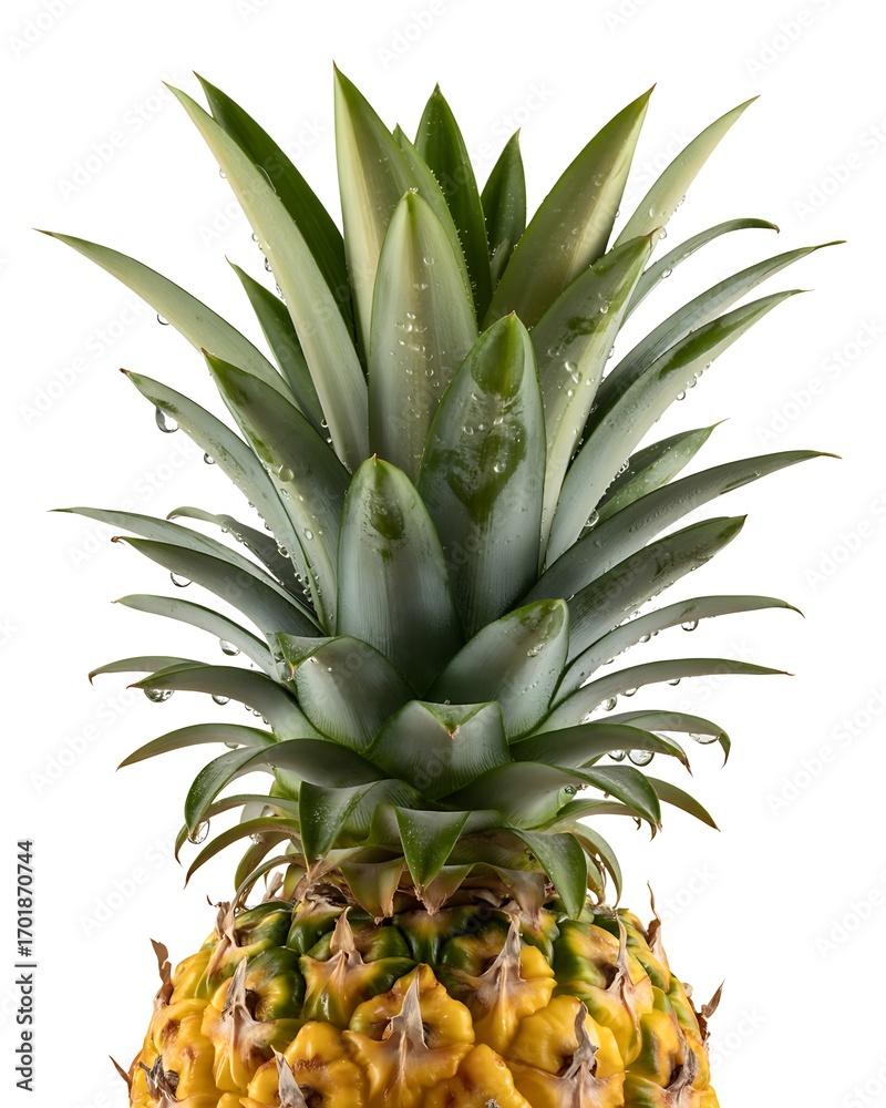 Fototapeta premium Ultra detailed close up of fresh pineapple top showing crown and fruity texture