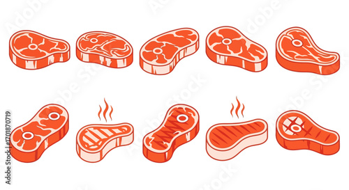 A Collection of Raw and Cooked Beef Steaks Showing Different Cuts and Grilling Marks Ready to Be Prepared for a Delicious Meal