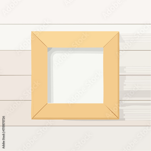 Blank Square Light Brown Wooden Frame on a White Wood Panel Wall