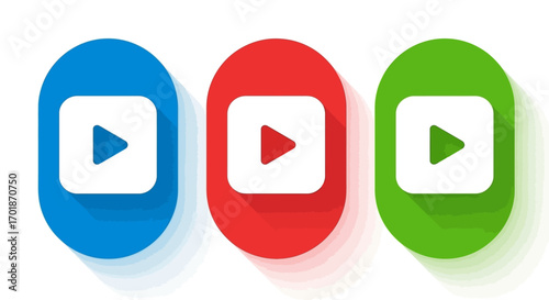 Collection of three play button icons in different colors blue red and green with shadows for web design and applications