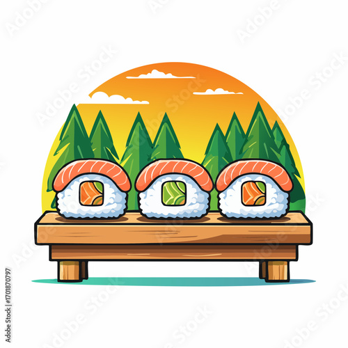 Three Salmon Sushi on Wooden Bench with Pine Forest and Sunset Background