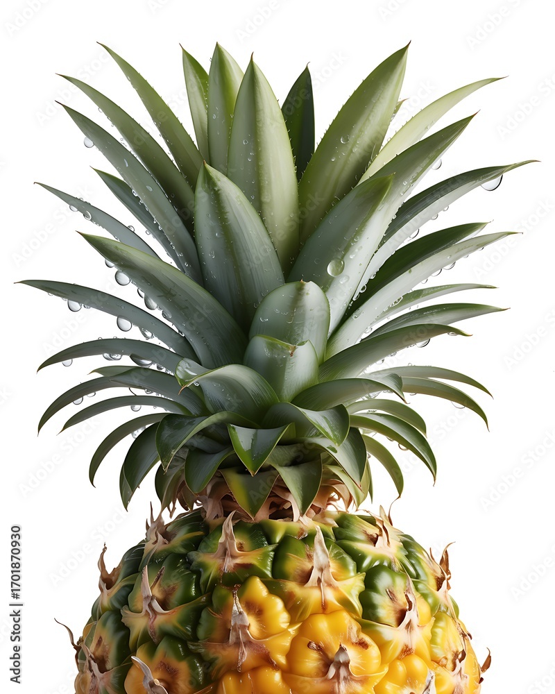 Fototapeta premium Ultra detailed close-up of a fresh ripe pineapple top with green leaves and textured skin