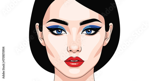 Stunning pop art illustration of a woman's face with vibrant blue eyeshadow and bold red lips perfect for beauty and fashion campaigns, Generative AI.