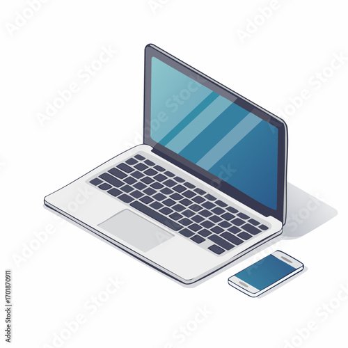 Isometric View of Silver Laptop and Smartphone with Blue Screens on White Background