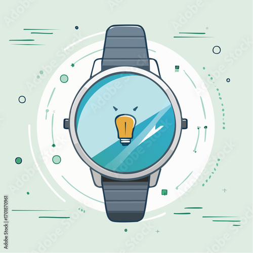 Smartwatch with Lightbulb Icon on Blue Screen and Gray Strap