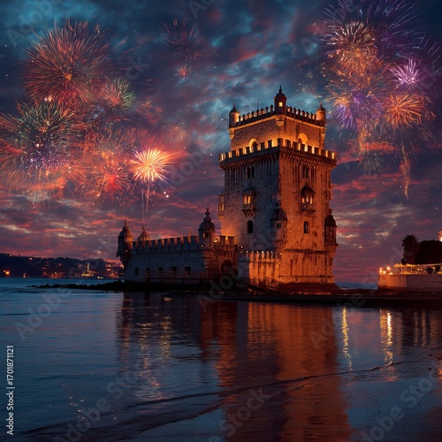Belém Tower Fireworks:  A majestic Belém Tower stands proudly against a vibrant firework display, its reflection shimmering on the tranquil waters.
