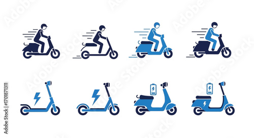 Set of icons depicting various electric scooters and motorbikes in motion with different rider styles and charging indicators symbolizing eco friendly personal urban transportation options