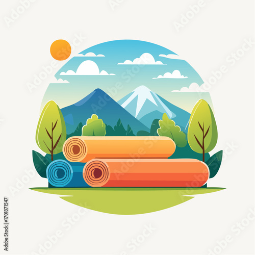 Rolled Yoga Mats In Mountain Scenery With Sun And Trees