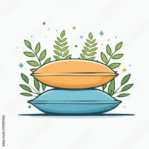 Two Stacked Pillows with Green Leaves and Gold Sparkles